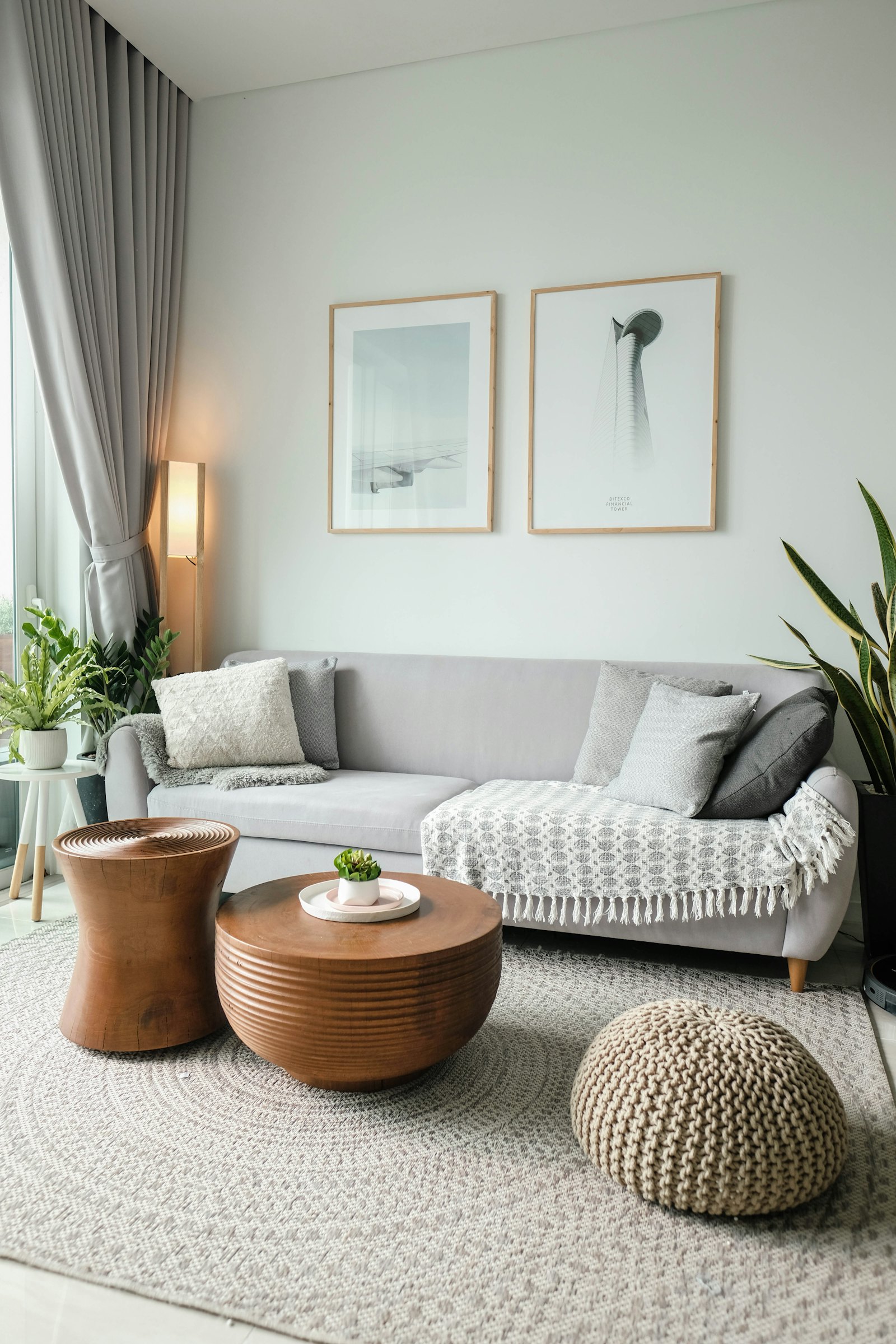 Calm living room with textured poufs