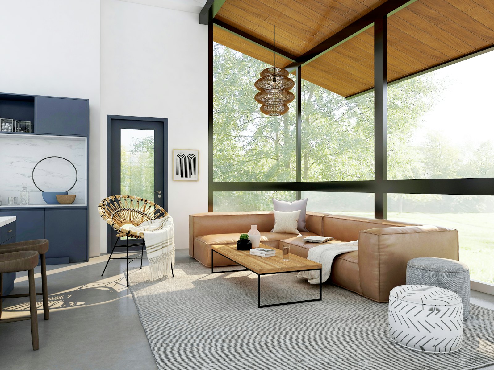Warm living room with leather sofa and timber