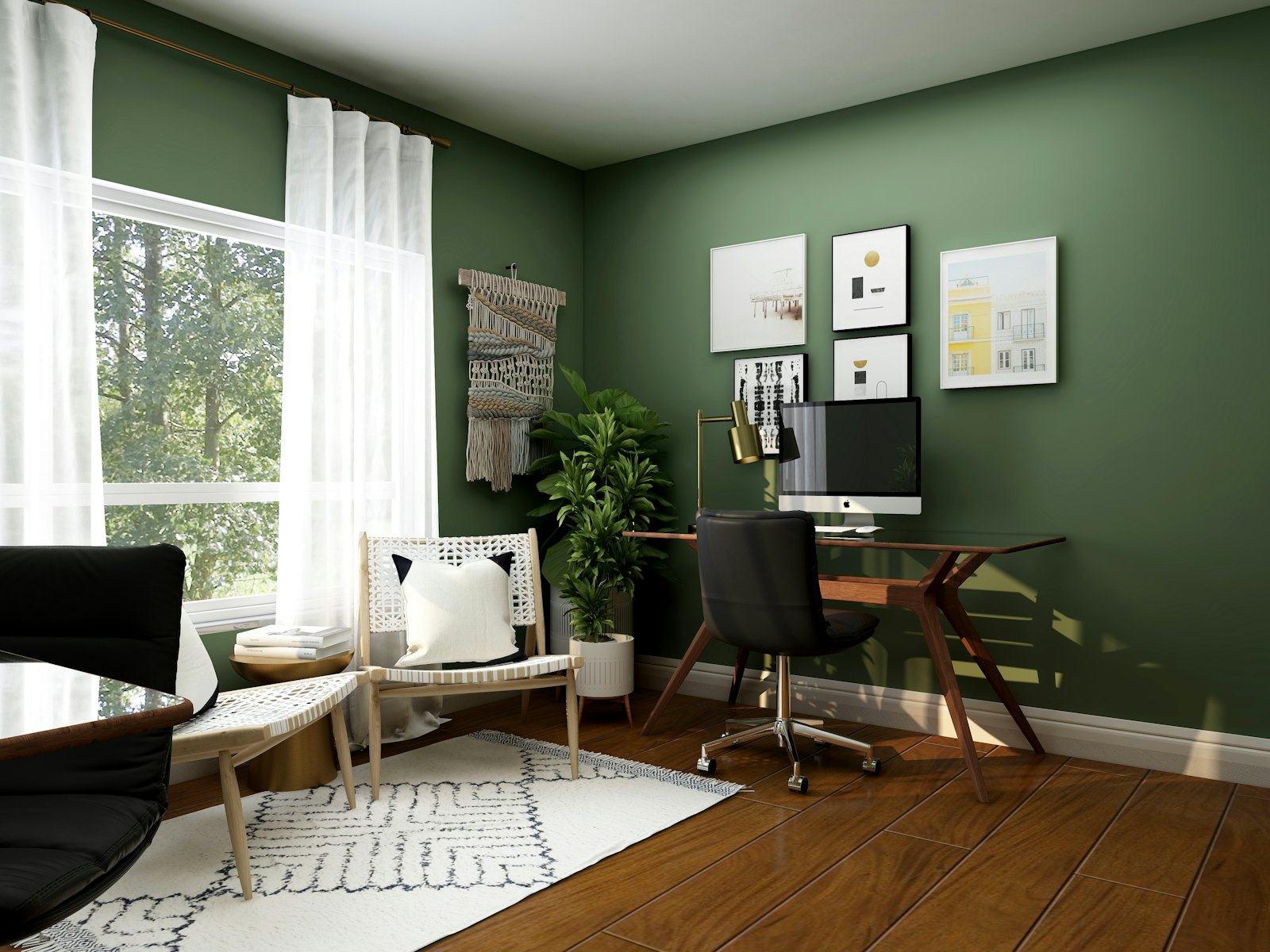 Home office with deep green walls