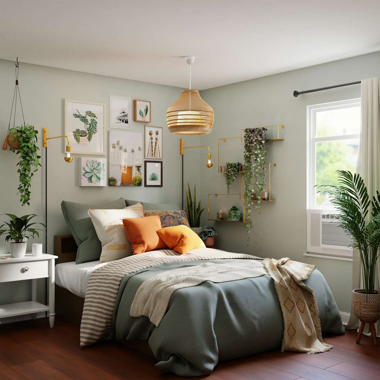 Bedroom in sage and rust tones
