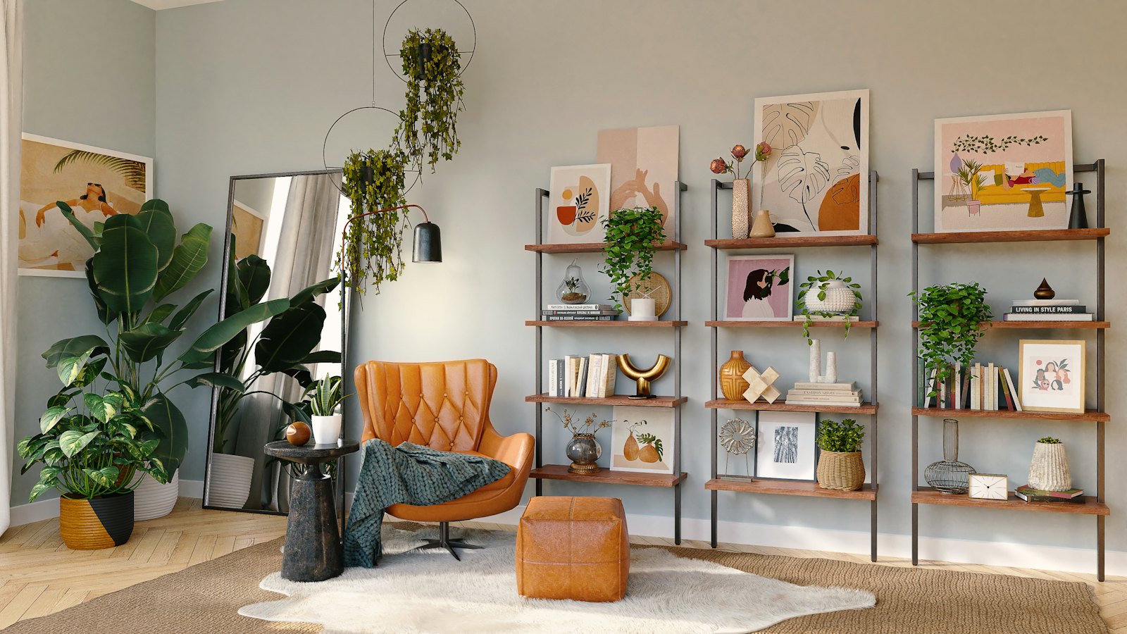 Living room layered with terracotta, timber and plants